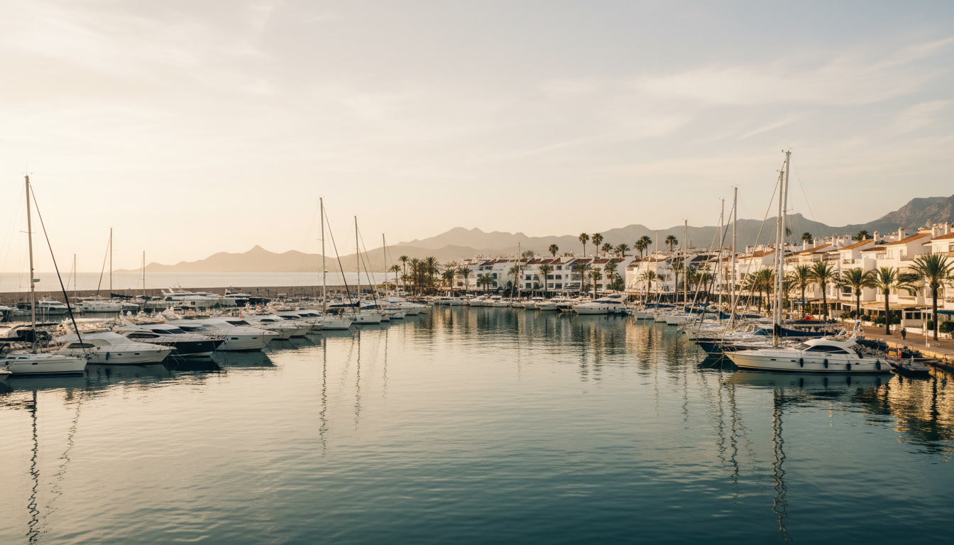 Puerto de la Duquesa marina in Manilva, where UK buyers typically budget 10-13% on top of the purchase price in taxes and fees.
